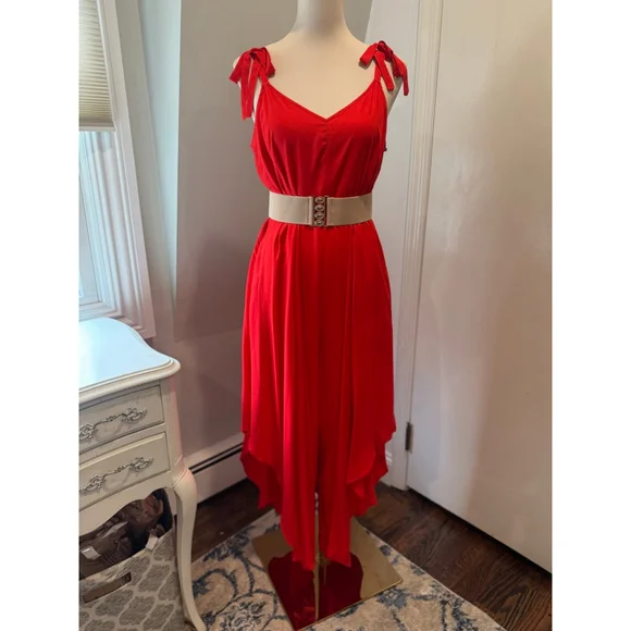 Vince Camuto NWT | Red V-Neck Tie-Shoulder Asymmetric Jumpsuit | Size S - Picture 2 of 12